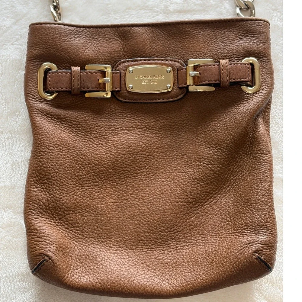 Michael Kors Brown Hamilton Pebbled Leather Crossbody Bag Womens Small Excellent